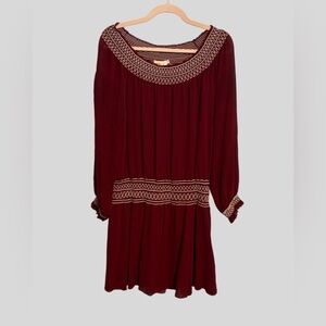 Tory Burch Silk Boho Peasant Dress Burgundy Embroidered Smocked Size 14